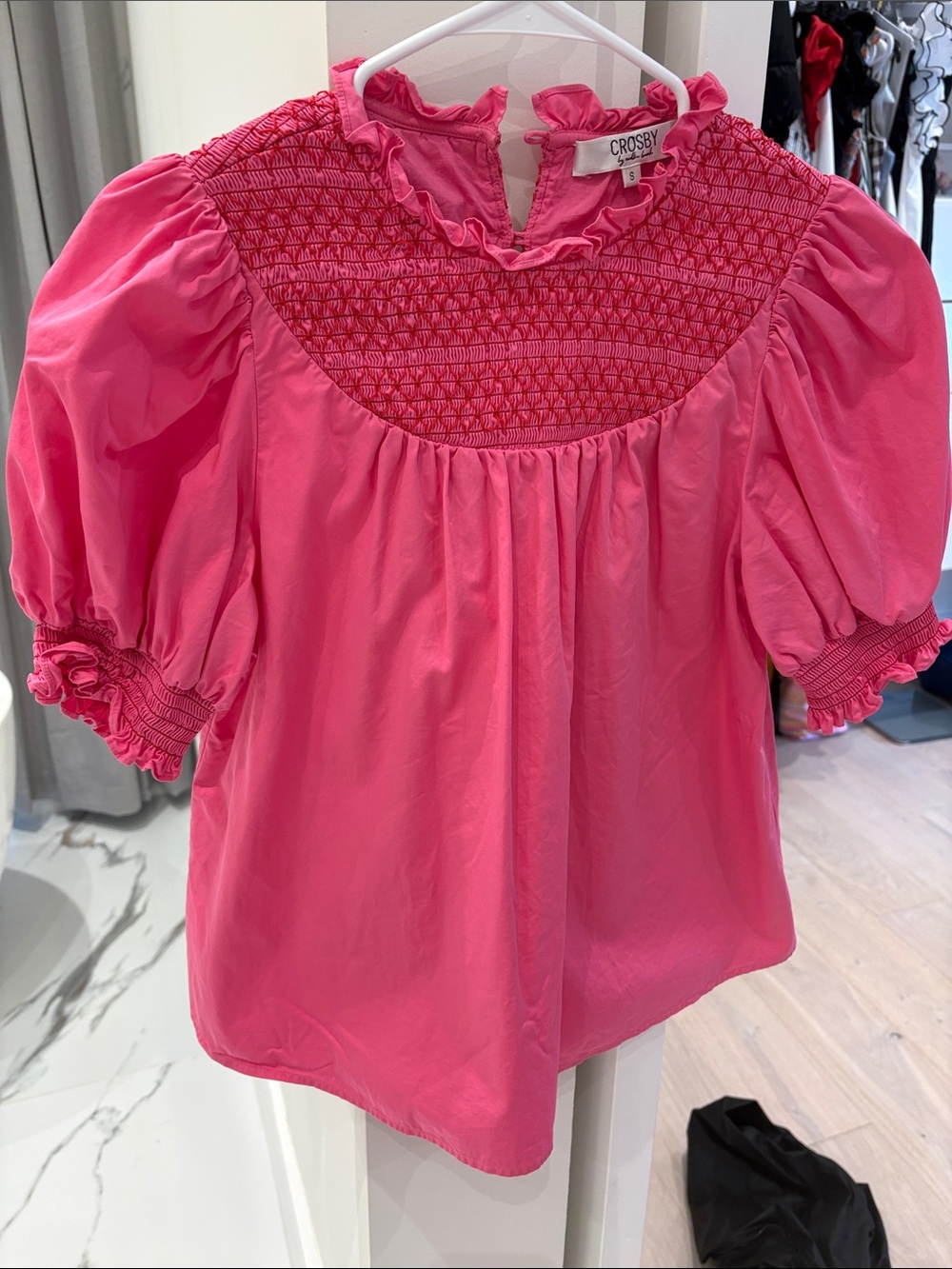 CROSBY by Mollie Burch Bright Pink Smocked Puff-Sleeve Blouse